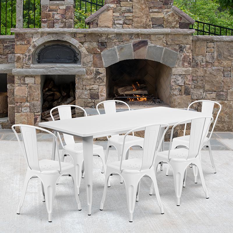 1.5" x 63" Rectangular White Metal Indoor-Outdoor Table Set with 6 Stack Chairs. Picture 1