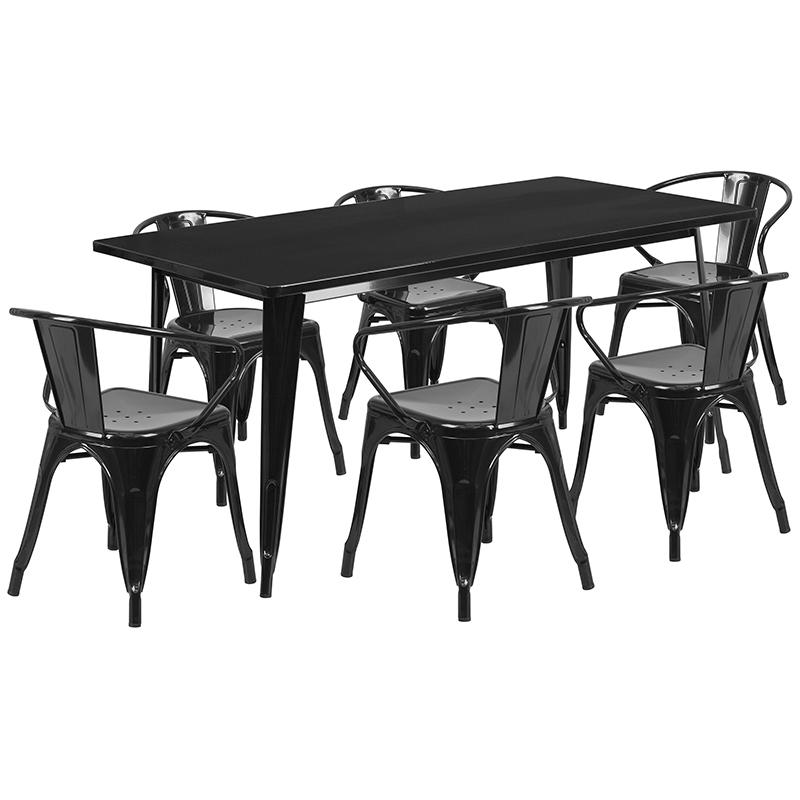 Commercial Grade 31.5" x 63" Rectangular Black Metal Indoor-Outdoor Table Set with 6 Arm Chairs. Picture 1