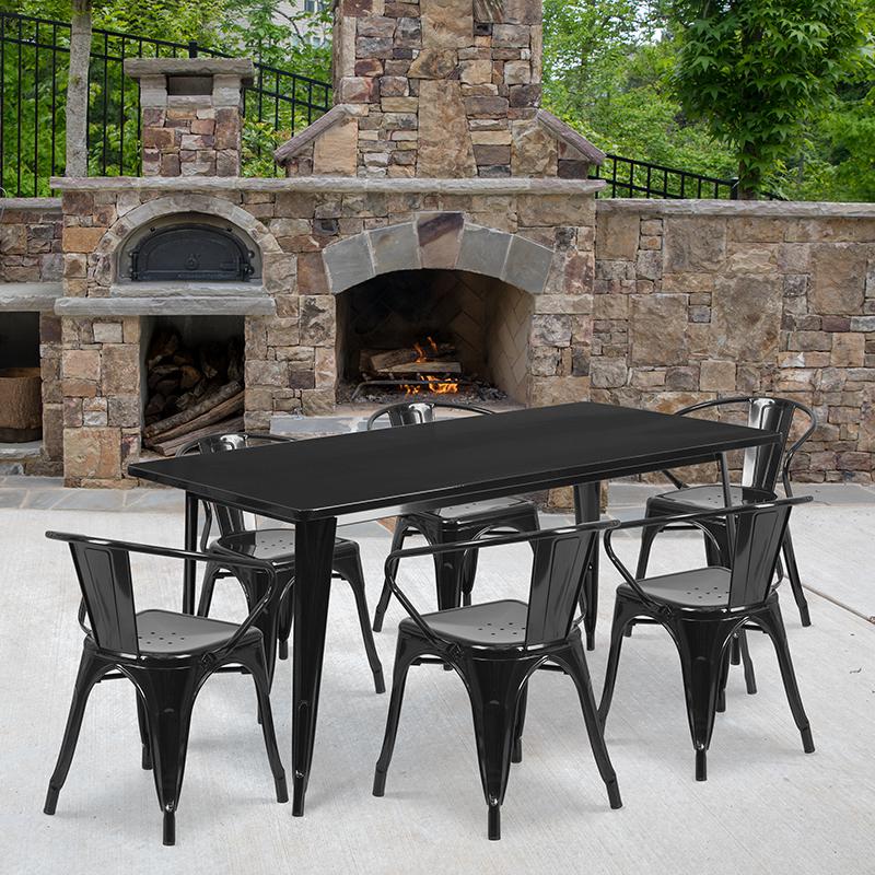 31.5" x 63" Rectangular Black Metal Indoor-Outdoor Table Set with 6 Arm Chairs. Picture 1