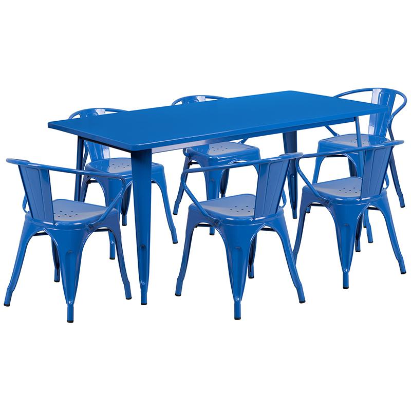 Commercial Grade 31.5" x 63" Rectangular Blue Metal Indoor-Outdoor Table Set with 6 Arm Chairs. The main picture.