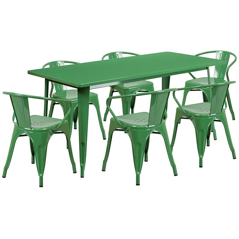 Commercial Grade 31.5" x 63" Rectangular Green Metal Indoor-Outdoor Table Set with 6 Arm Chairs. Picture 1