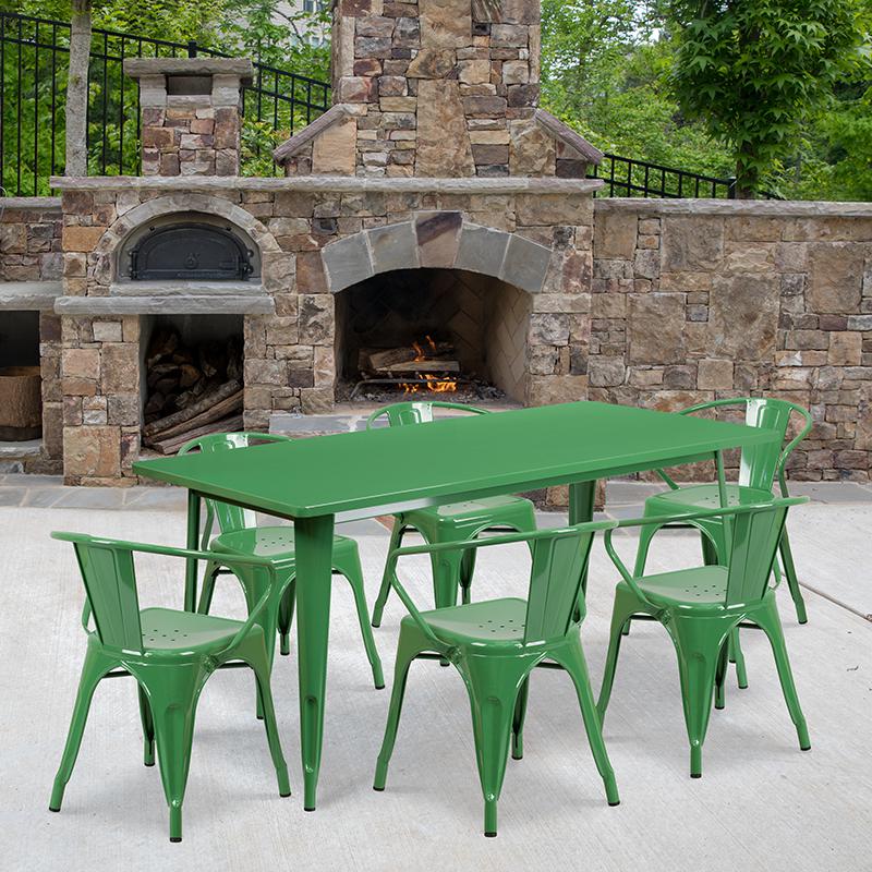 31.5" x 63" Rectangular Green Metal Indoor-Outdoor Table Set with 6 Arm Chairs. Picture 1