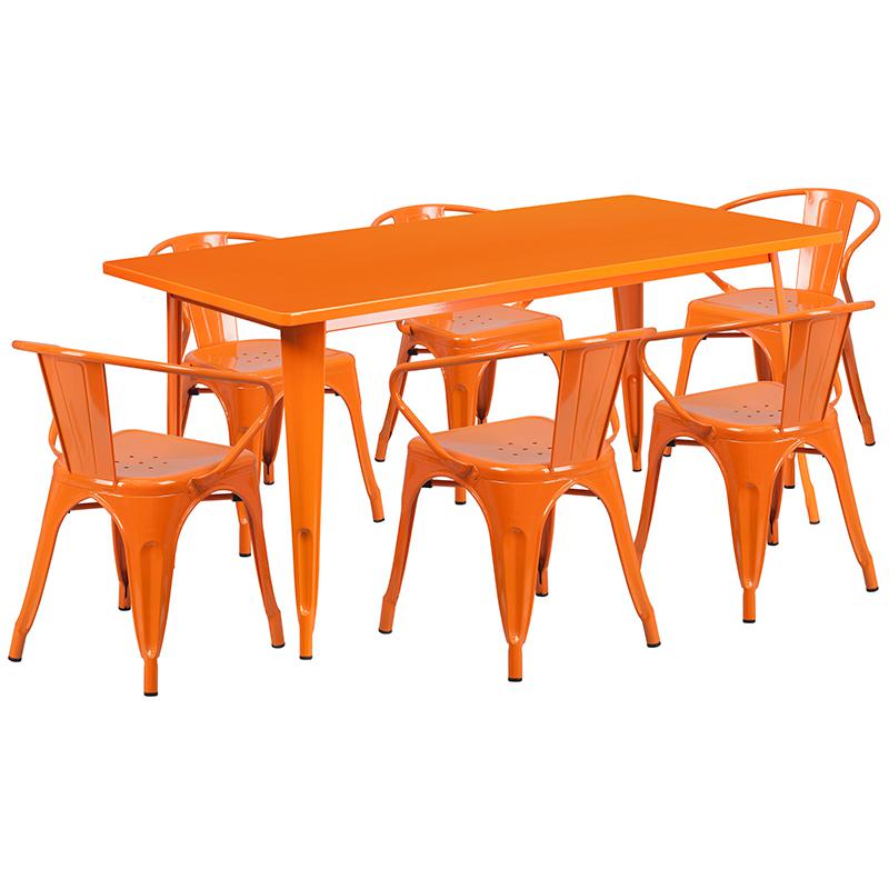 31.5" x 63" Rectangular Orange Metal Indoor-Outdoor Table Set with 6 Arm Chairs. Picture 2