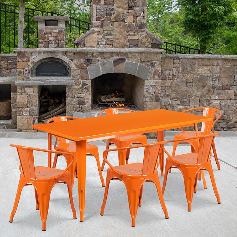 31.5" x 63" Rectangular Orange Metal Indoor-Outdoor Table Set with 6 Arm Chairs. Picture 1