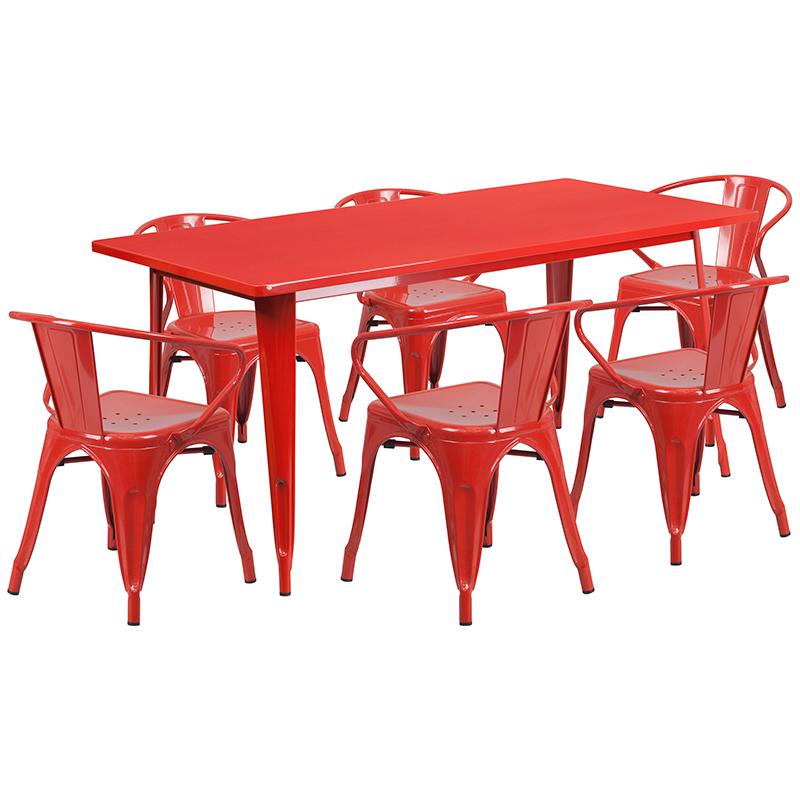 31.5" x 63" Rectangular Red Metal Indoor-Outdoor Table Set with 6 Arm Chairs. Picture 2