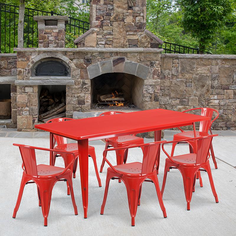 31.5" x 63" Rectangular Red Metal Indoor-Outdoor Table Set with 6 Arm Chairs. Picture 1