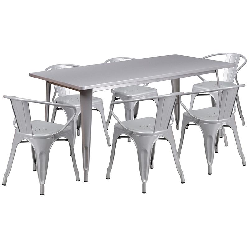 31.5''x63'' Rectangular Silver Metal Indoor-Outdoor Table Set with 6 Arm Chairs. Picture 2