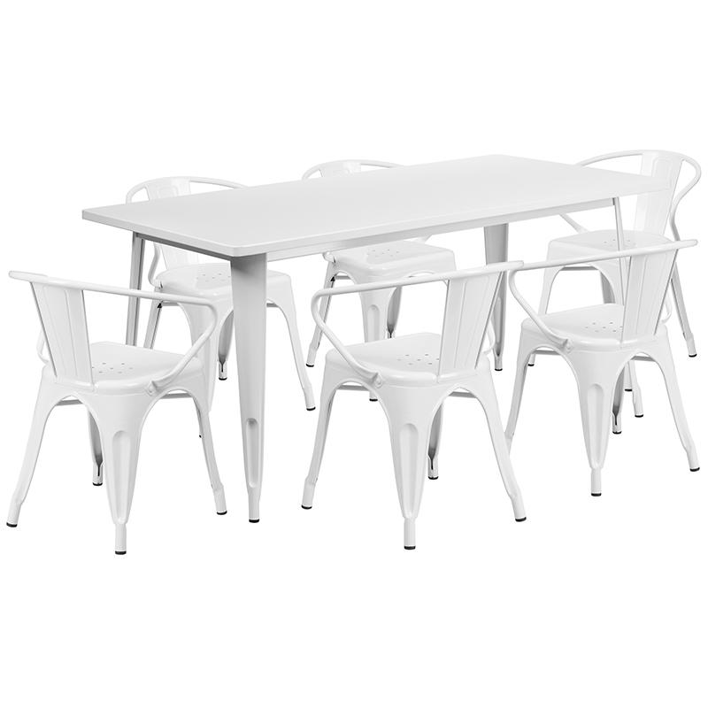 Commercial Grade 31.5" x 63" Rectangular White Metal Indoor-Outdoor Table Set with 6 Arm Chairs. Picture 1