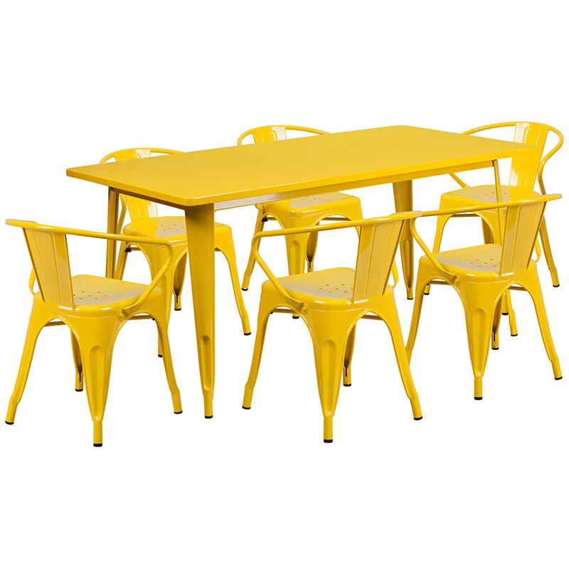 31.5''x63'' Rectangular Yellow Metal Indoor-Outdoor Table Set with 6 Arm Chairs. Picture 2