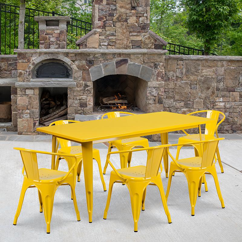31.5''x63'' Rectangular Yellow Metal Indoor-Outdoor Table Set with 6 Arm Chairs. The main picture.