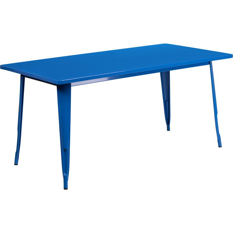 Commercial Grade 31.5" x 63" Rectangular Blue Metal Indoor-Outdoor Table. Picture 1