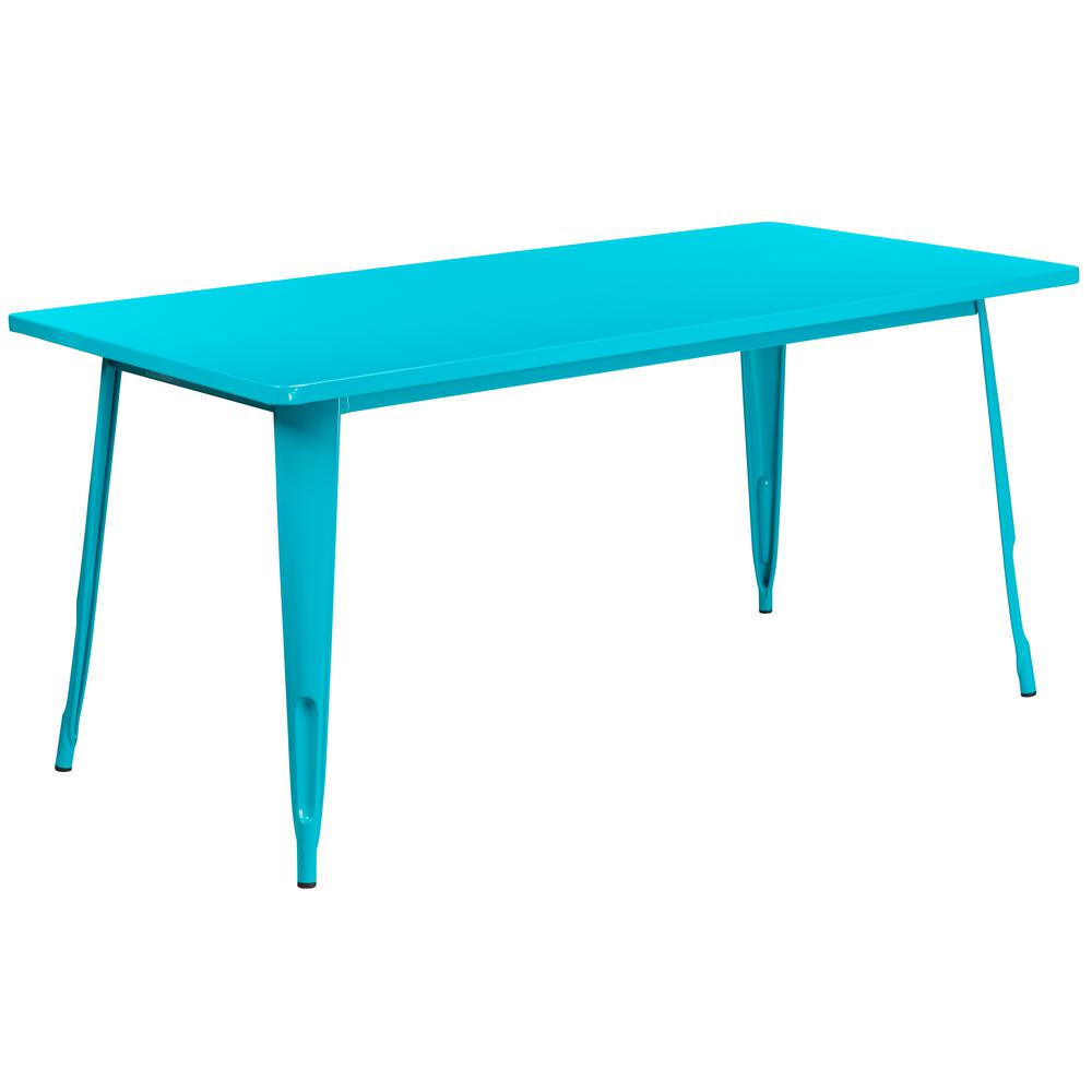 Commercial Grade 31.5" x 63" Rectangular Crystal Teal-Blue Metal Indoor-Outdoor Table. Picture 1