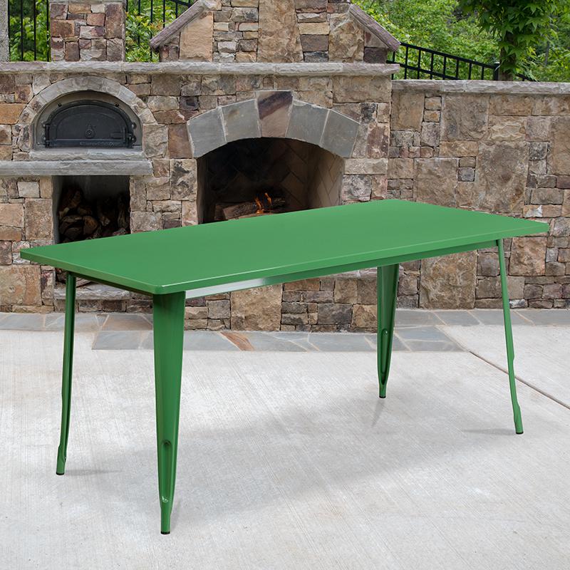 Commercial Grade 31.5" x 63" Rectangular Green Metal Indoor-Outdoor Table. Picture 1
