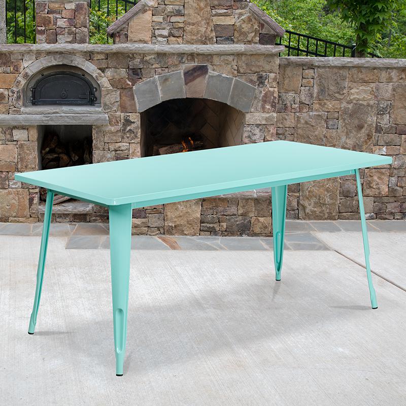 Commercial Grade 31.5" x 63" Rectangular Mint Green Metal Indoor-Outdoor Table. Picture 1