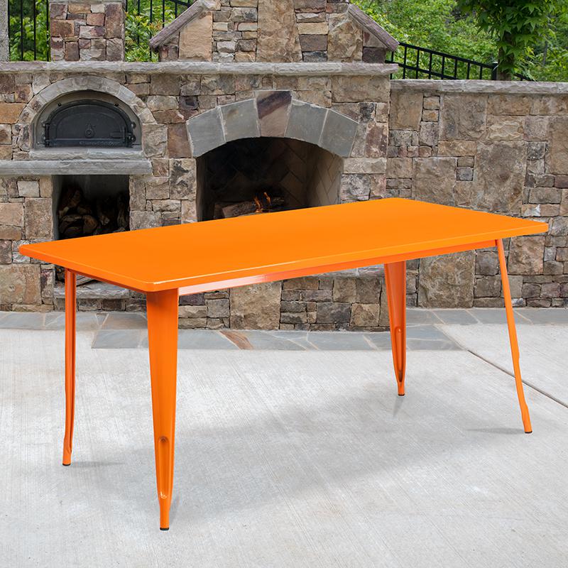 Commercial Grade 31.5" x 63" Rectangular Orange Metal Indoor-Outdoor Table. Picture 1