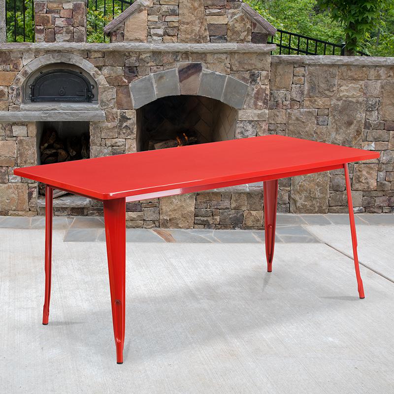 Commercial Grade 31.5" x 63" Rectangular Red Metal Indoor-Outdoor Table. Picture 1