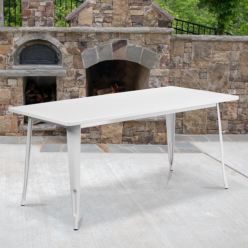 Commercial Grade 31.5" x 63" Rectangular White Metal Indoor-Outdoor Table. Picture 1