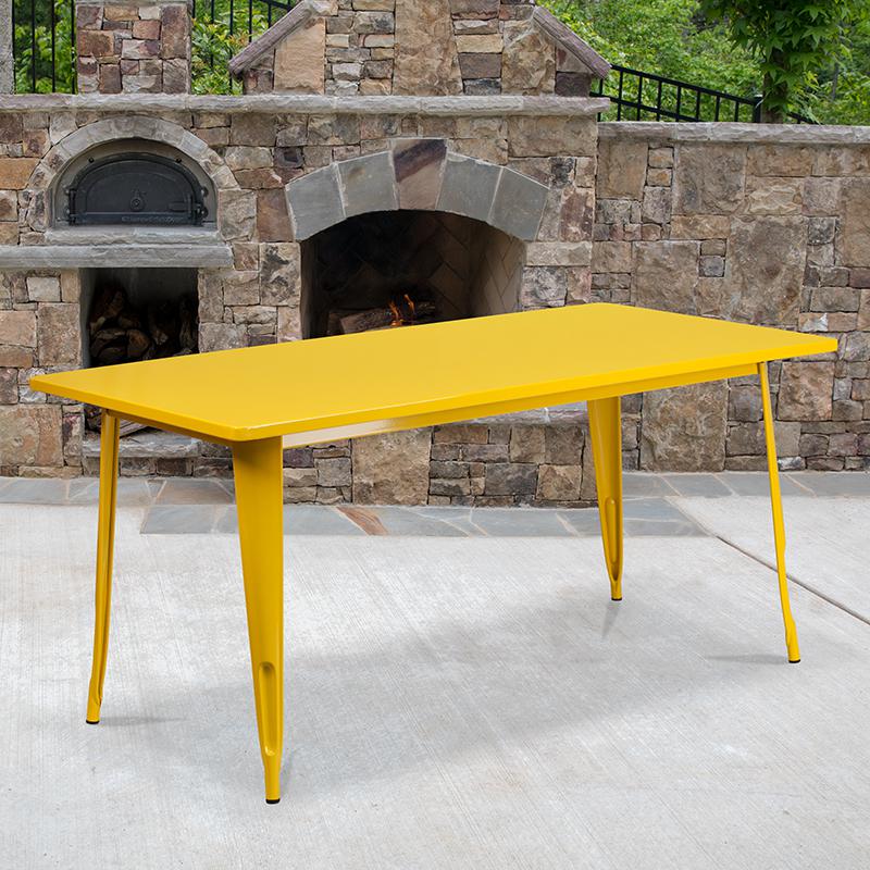 Commercial Grade 31.5" x 63" Rectangular Yellow Metal Indoor-Outdoor Table. The main picture.