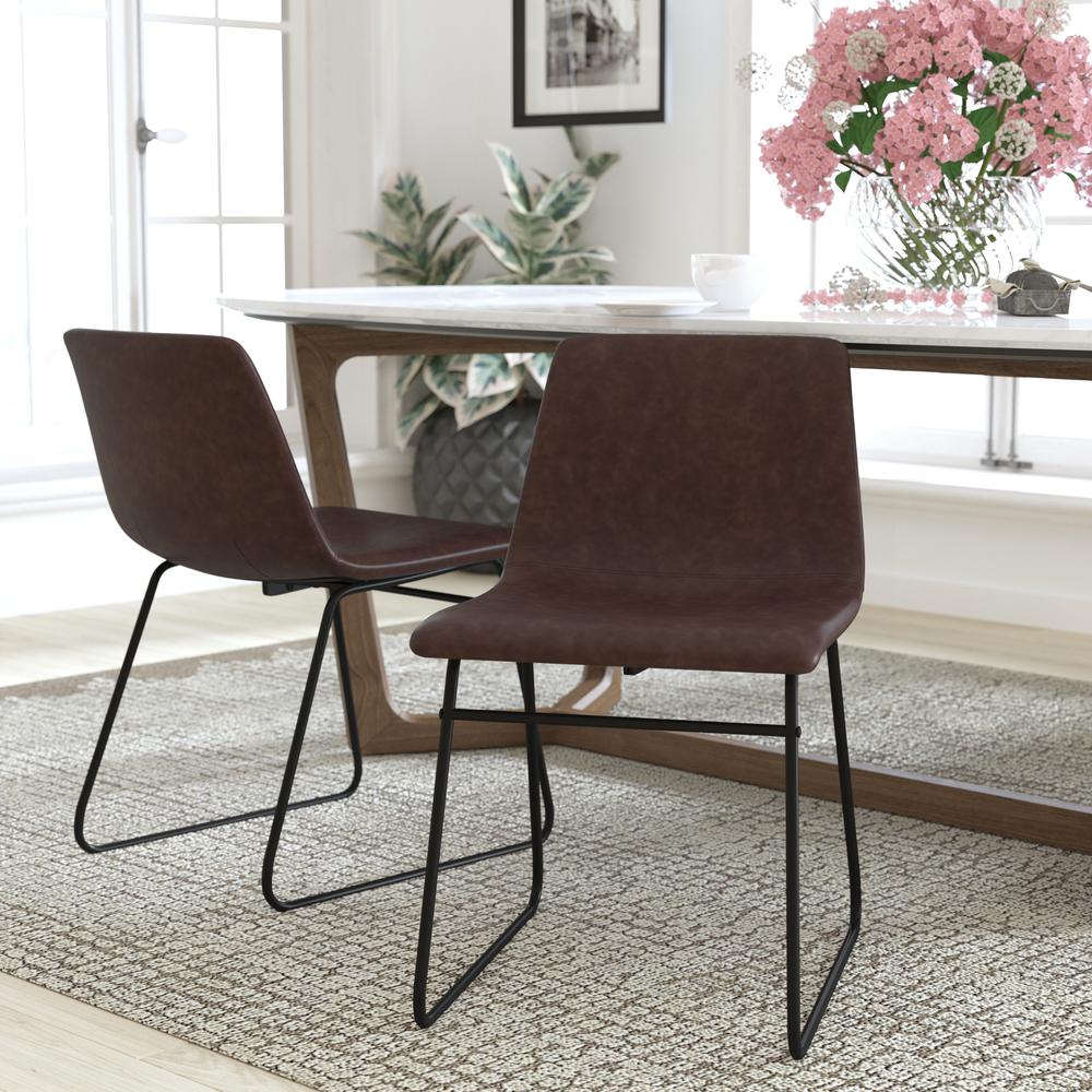 18 inch Dining Table Height Chair, Mid-Back Sled Base Dining Chair in Dark Brown LeatherSoft with Black Frame, Set of 2. The main picture.