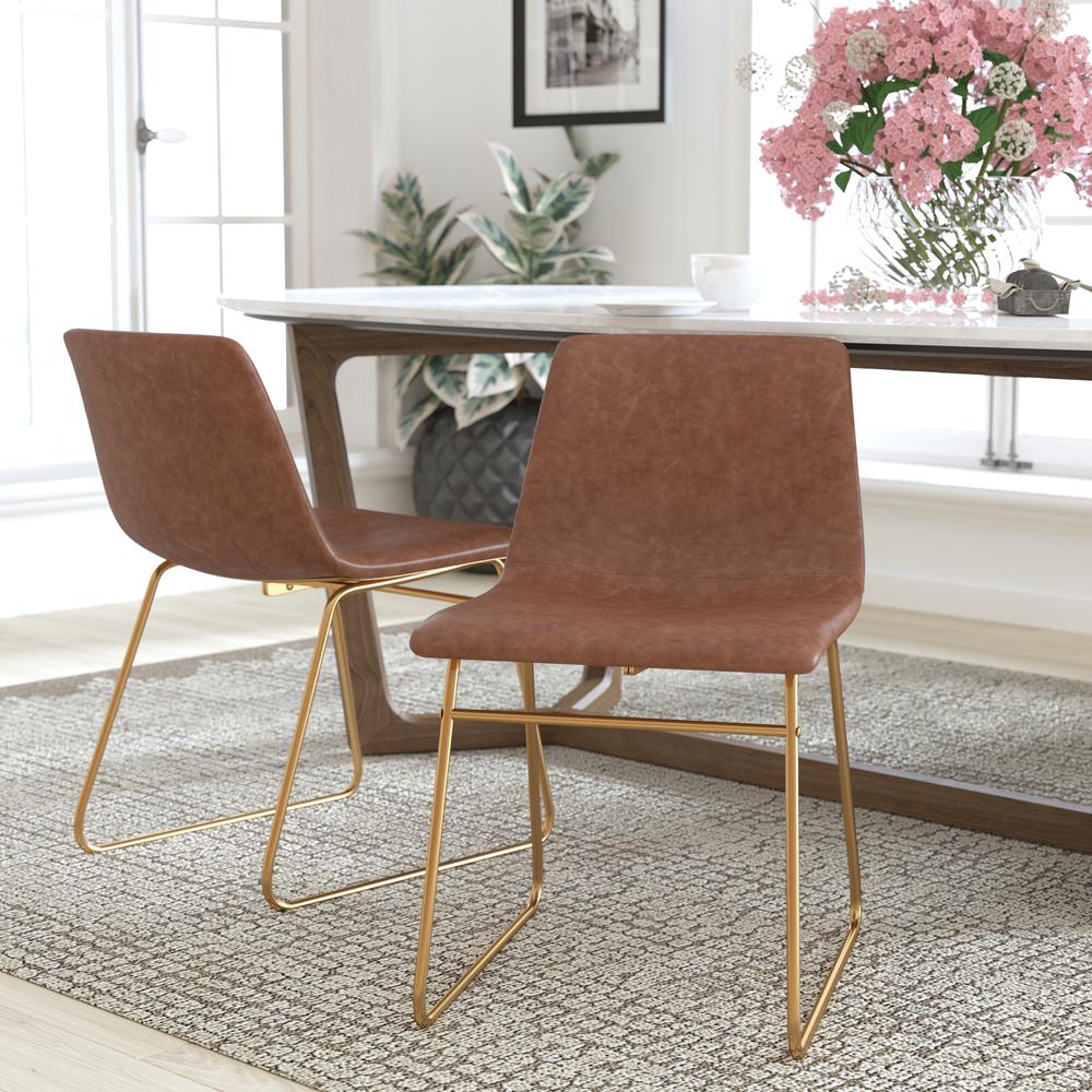 18 in Mid-Back Sled Base Dining Chair in Light Brown with Gold Frame, Set of 2. Picture 1