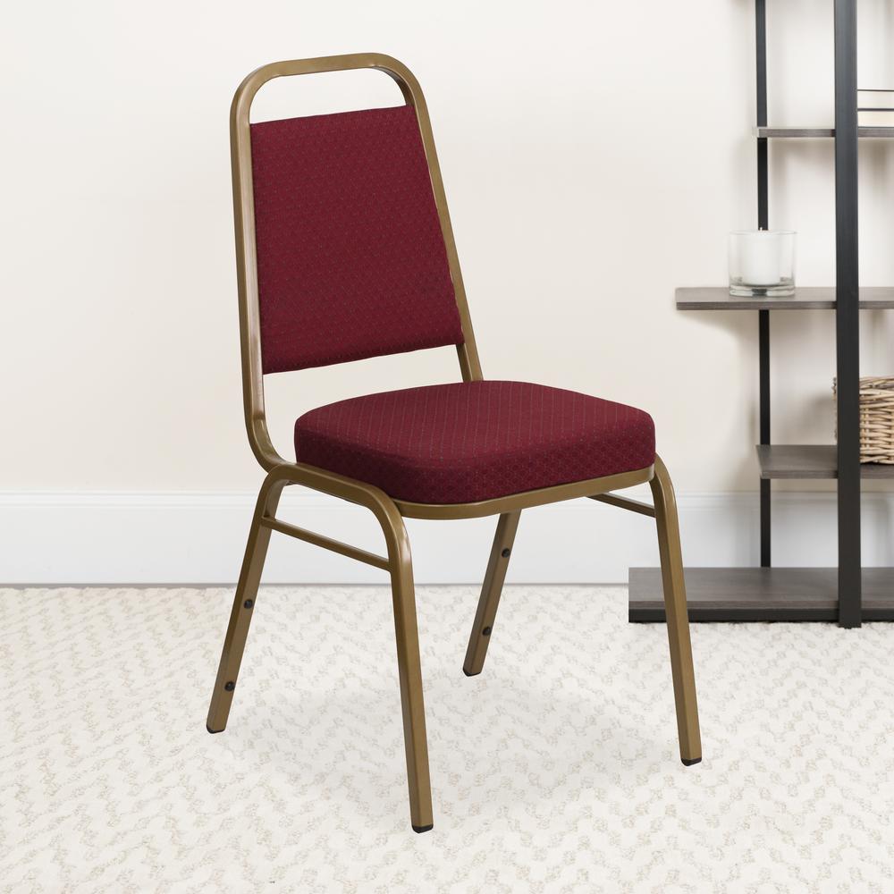 Trapezoidal Back Stacking Banquet Chair in Burgundy Patterned Fabric - Gold Frame. Picture 7