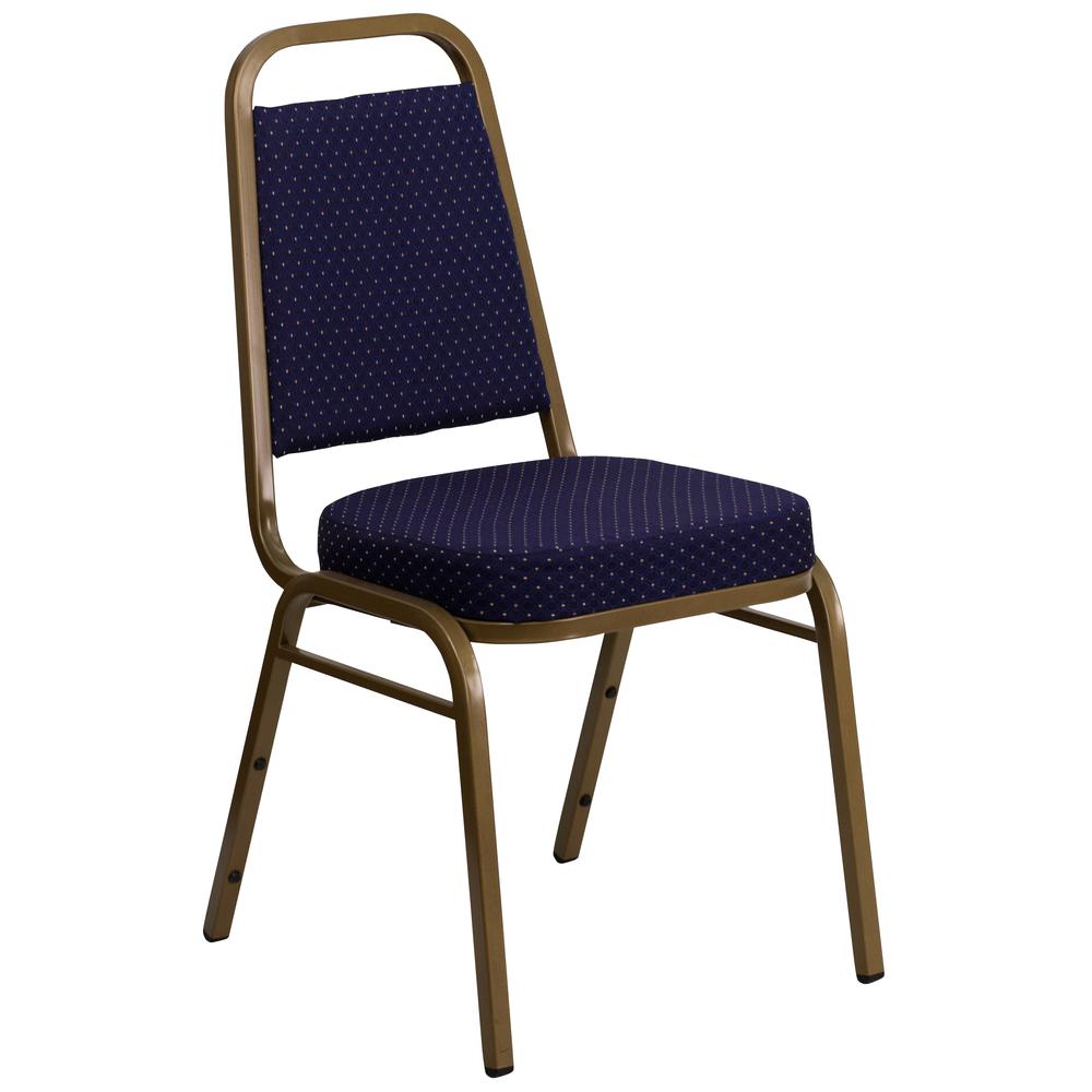 Trapezoidal Back Stacking Banquet Chair in Navy Patterned Fabric - Gold Frame. Picture 1