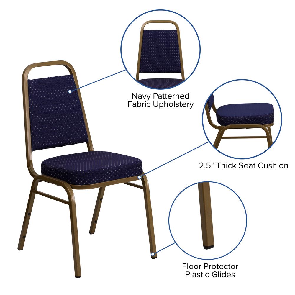 Trapezoidal Back Stacking Banquet Chair in Navy Patterned Fabric - Gold Frame. Picture 6