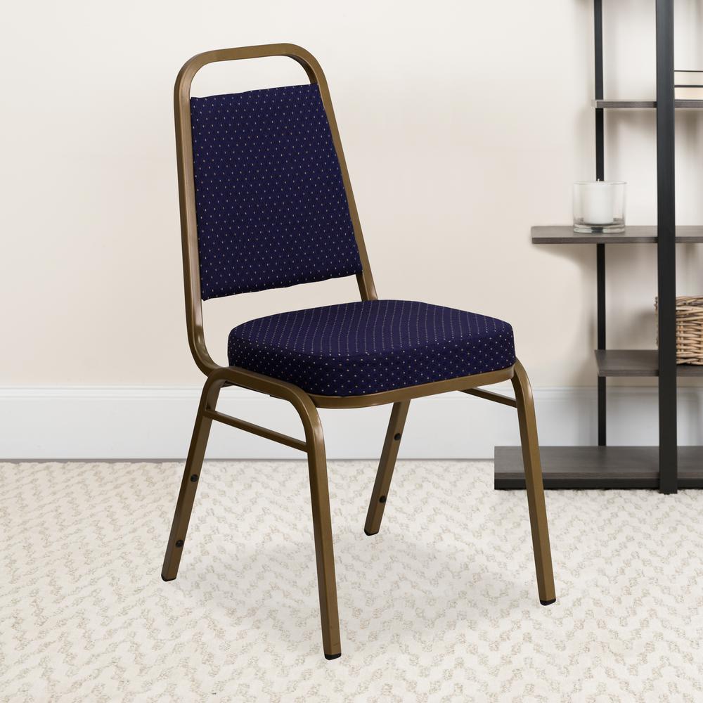 Trapezoidal Back Stacking Banquet Chair in Navy Patterned Fabric - Gold Frame. Picture 9