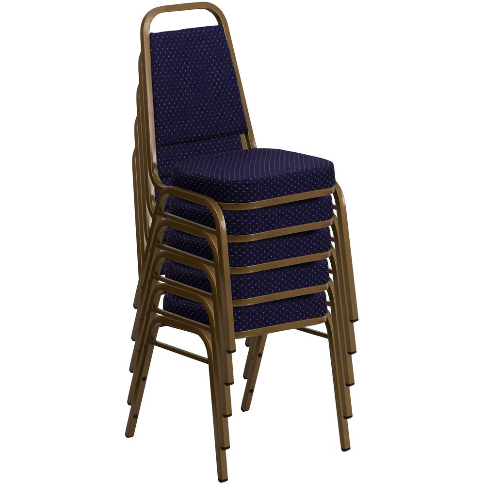 Trapezoidal Back Stacking Banquet Chair in Navy Patterned Fabric - Gold Frame. Picture 12
