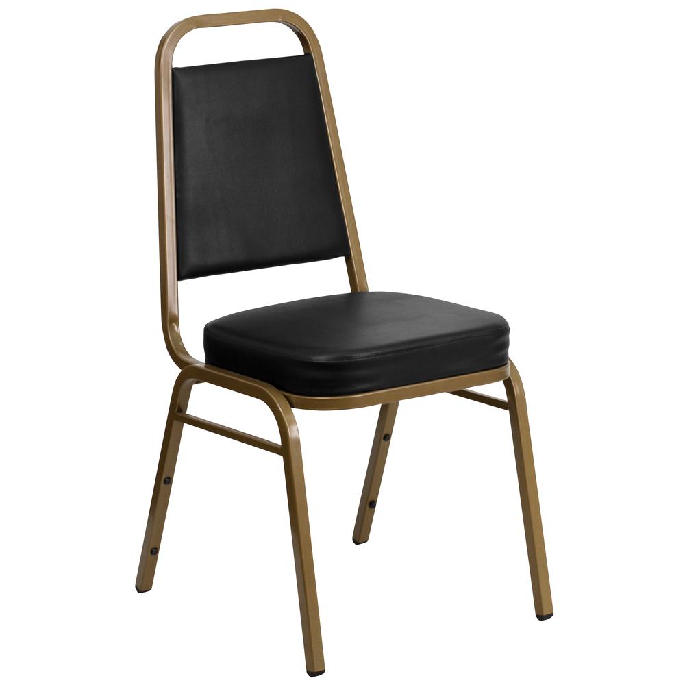 HERCULES Series Trapezoidal Back Stacking Banquet Chair in Black Vinyl - Gold Frame. Picture 1