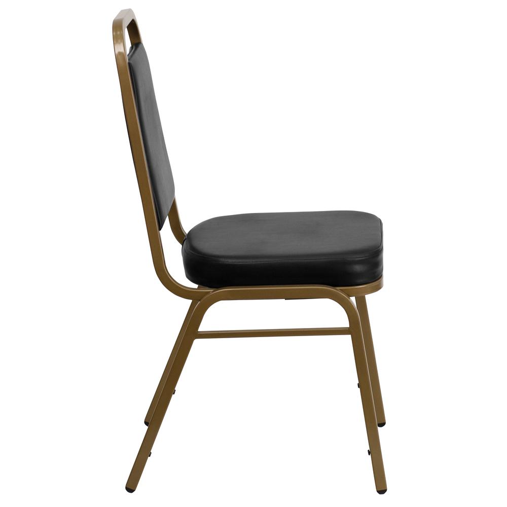 HERCULES Series Trapezoidal Back Stacking Banquet Chair in Black Vinyl - Gold Frame. Picture 2