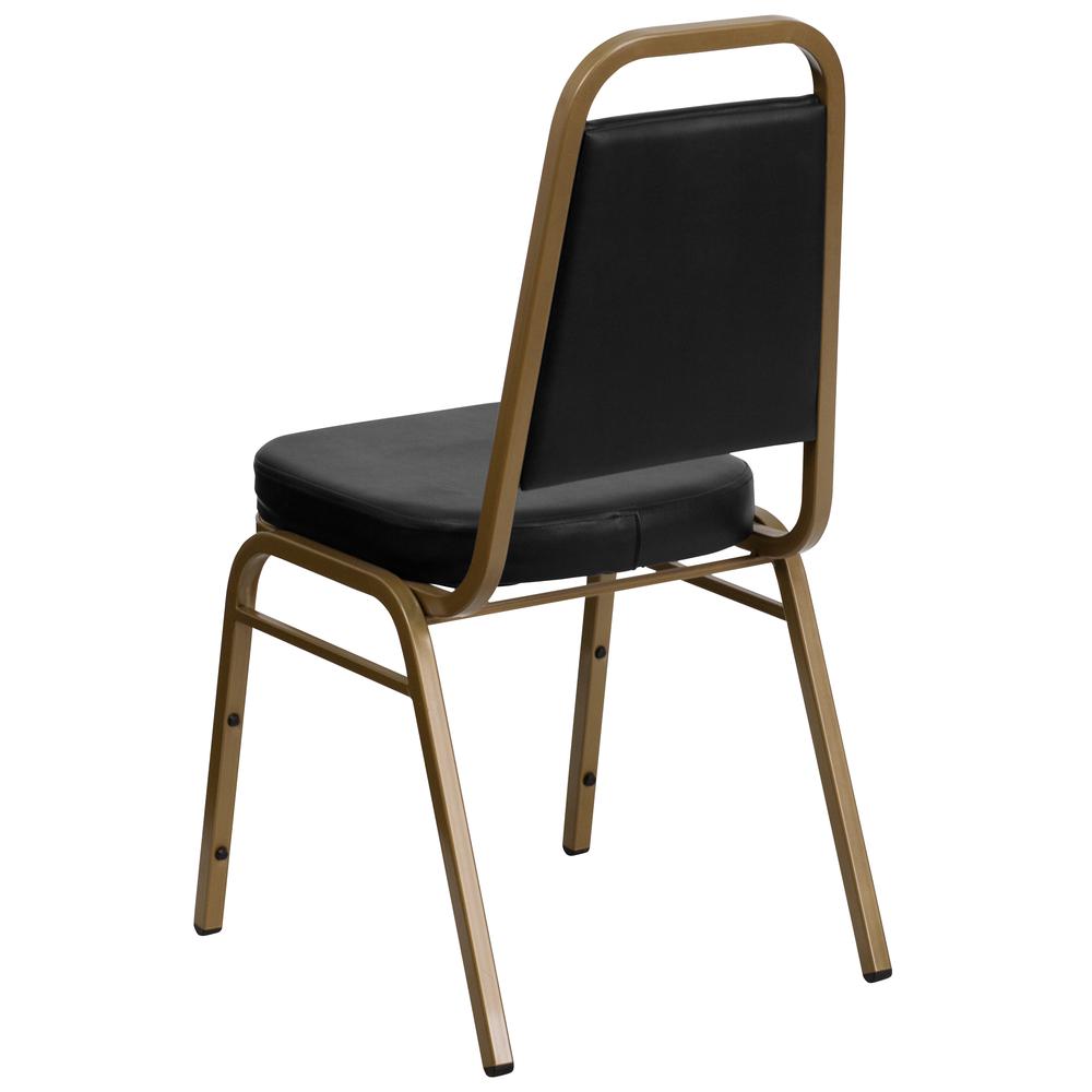 HERCULES Series Trapezoidal Back Stacking Banquet Chair in Black Vinyl - Gold Frame. Picture 3