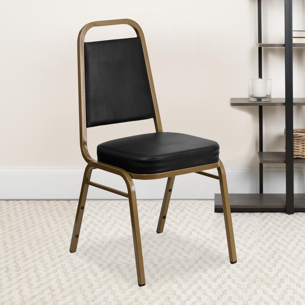 Trapezoidal Back Stacking Banquet Chair in Black Vinyl - Gold Frame. Picture 9