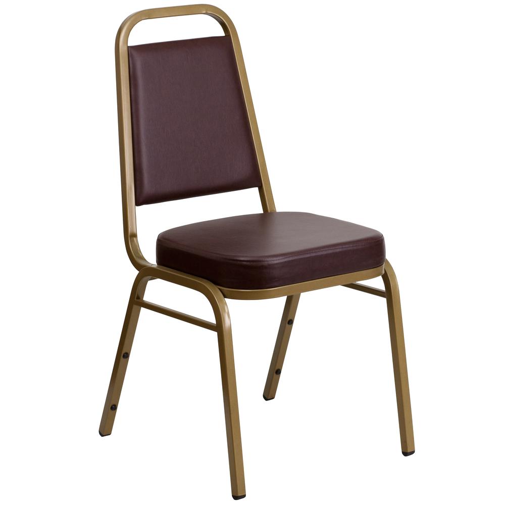 HERCULES Series Trapezoidal Back Stacking Banquet Chair in Brown Vinyl - Gold Frame. Picture 1