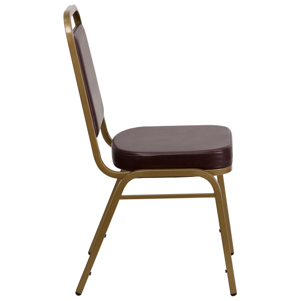 HERCULES Series Trapezoidal Back Stacking Banquet Chair in Brown Vinyl - Gold Frame. Picture 2
