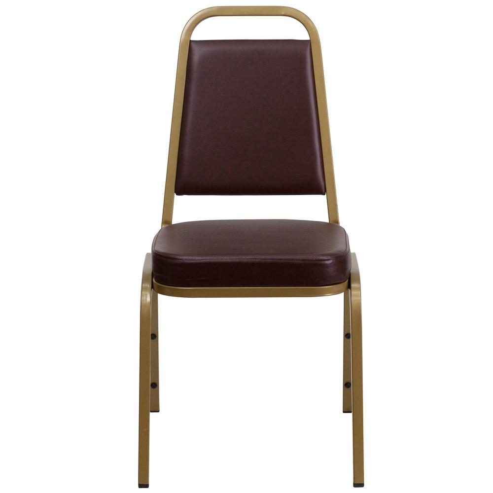 HERCULES Series Trapezoidal Back Stacking Banquet Chair in Brown Vinyl - Gold Frame. Picture 4