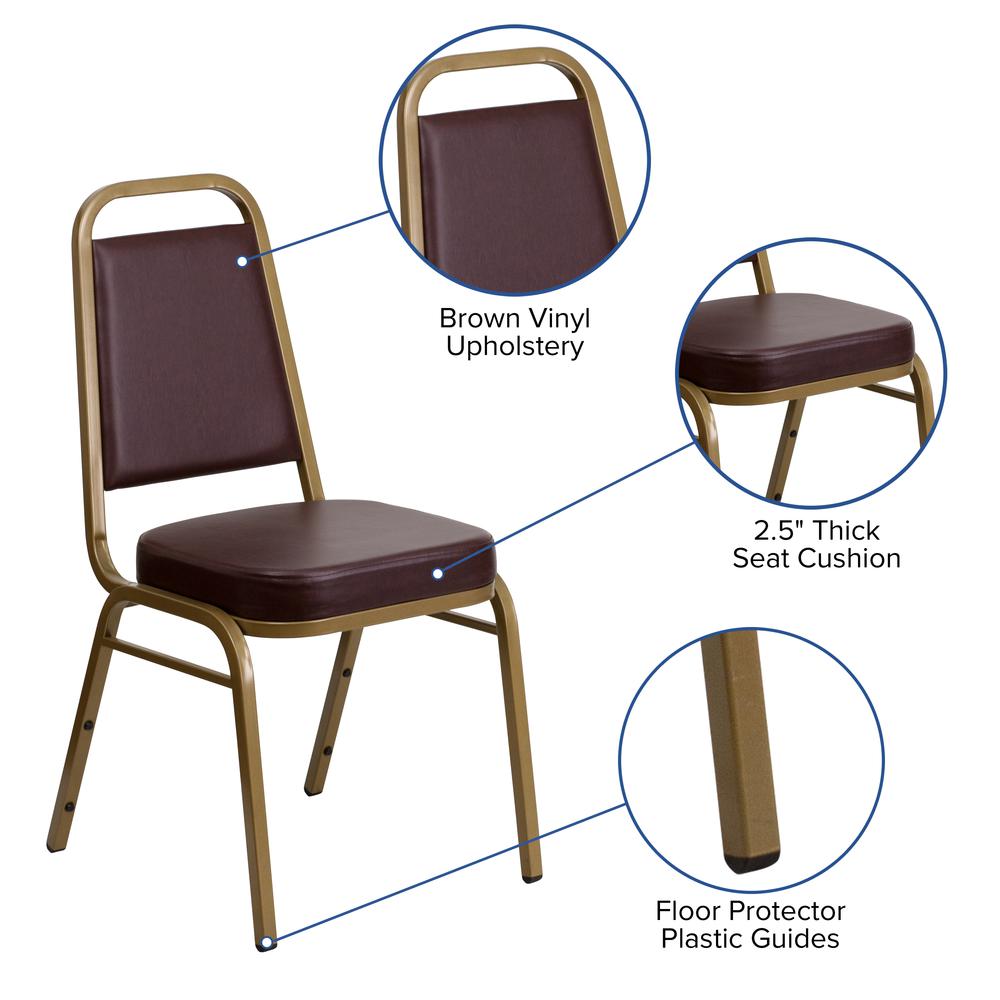 Trapezoidal Back Stacking Banquet Chair in Brown Vinyl - Gold Frame. Picture 6