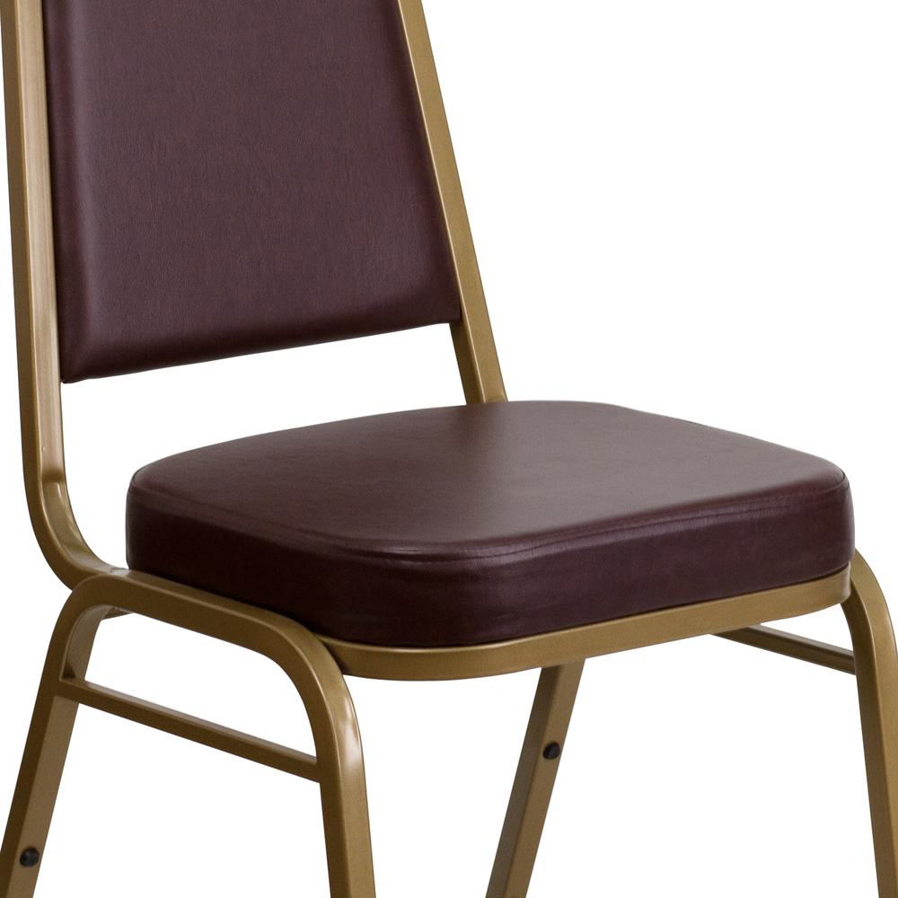 Trapezoidal Back Stacking Banquet Chair in Brown Vinyl - Gold Frame. Picture 7