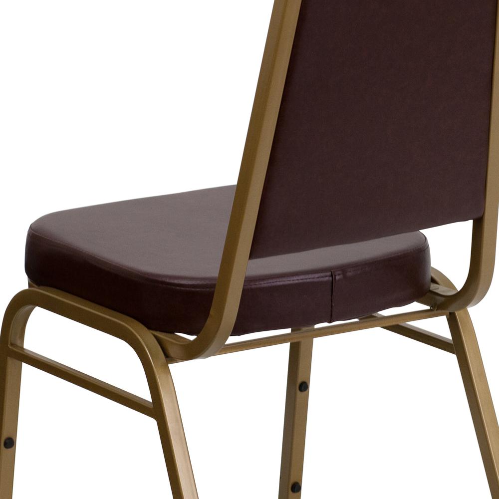 Trapezoidal Back Stacking Banquet Chair in Brown Vinyl - Gold Frame. Picture 8
