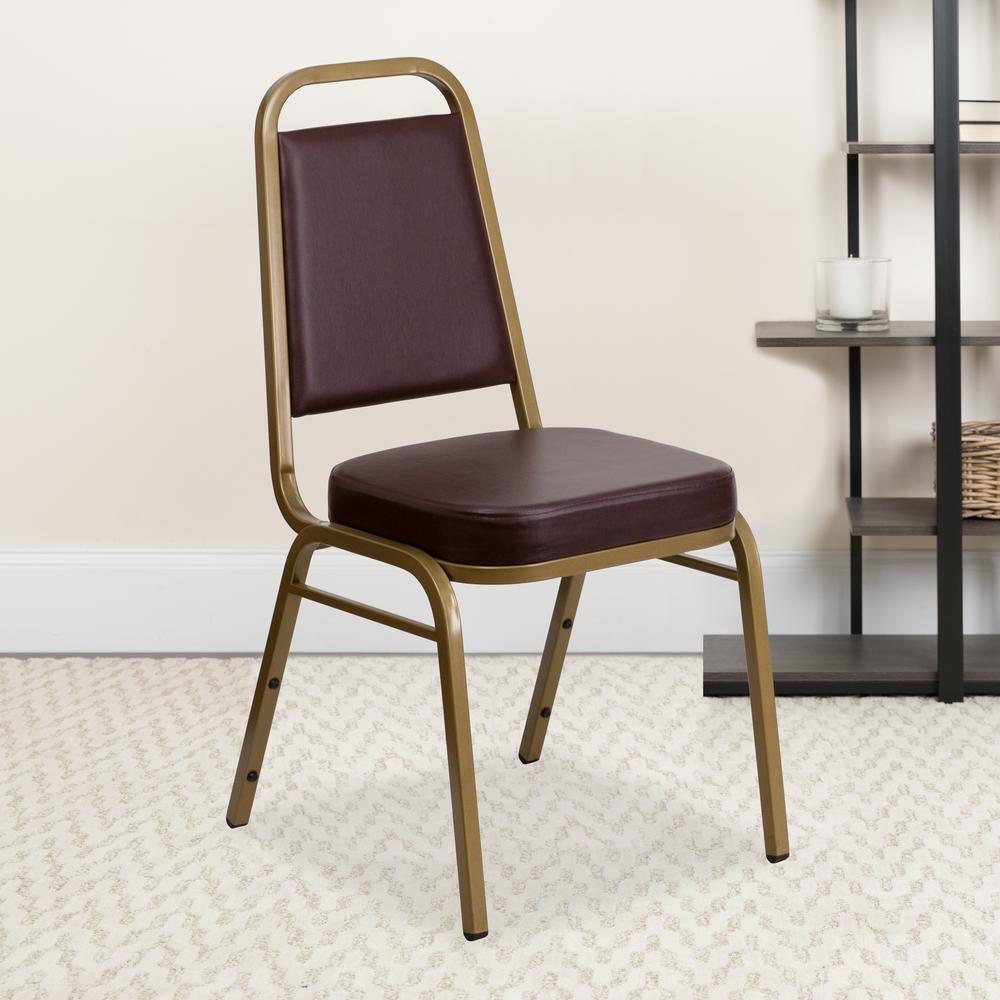 Trapezoidal Back Stacking Banquet Chair in Brown Vinyl - Gold Frame. Picture 9