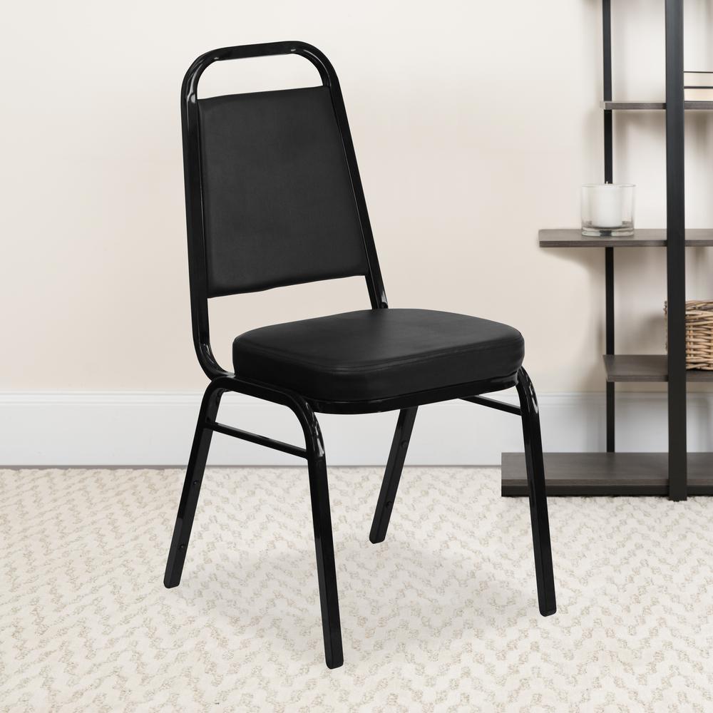 Trapezoidal Back Stacking Banquet Chair in Black Vinyl - Black Frame with 2.5" Thick Seat. Picture 9