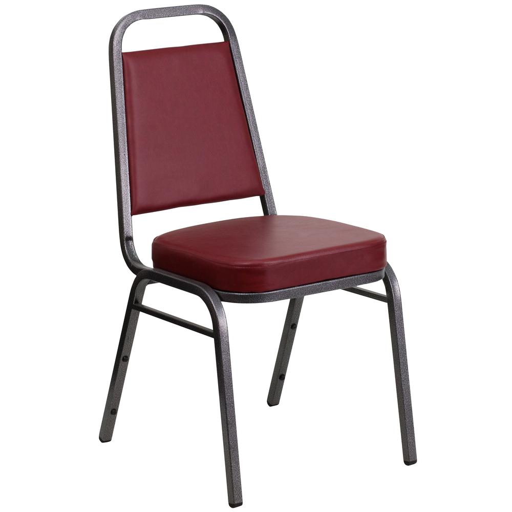 HERCULES Series Trapezoidal Back Stacking Banquet Chair in Burgundy Vinyl - Silver Vein Frame. Picture 1