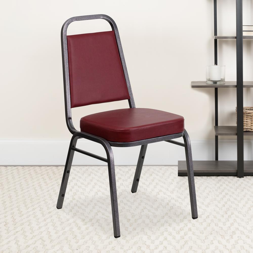 Trapezoidal Back Stacking Banquet Chair in Burgundy Vinyl - Silver Vein Frame with 2.5" Thick Seat. Picture 9