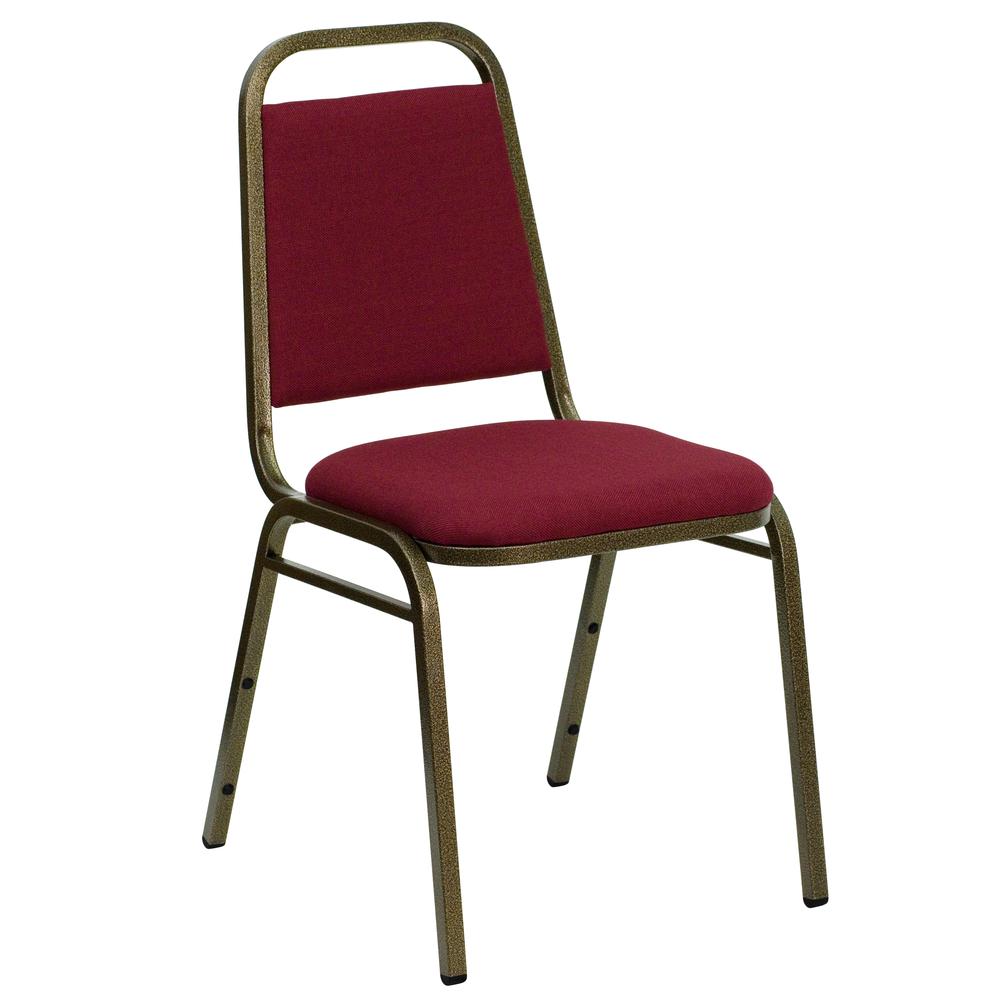 HERCULES Series Trapezoidal Back Stacking Banquet Chair in Burgundy Fabric - Gold Vein Frame. Picture 1