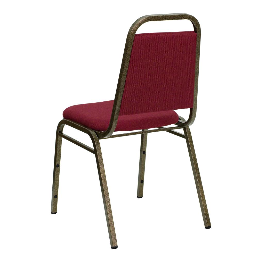 HERCULES Series Trapezoidal Back Stacking Banquet Chair in Burgundy Fabric - Gold Vein Frame. Picture 3