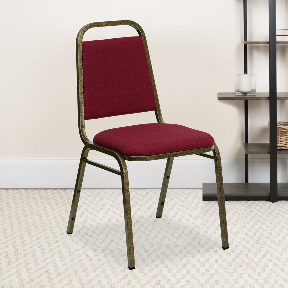 Trapezoidal Back Stacking Banquet Chair in Burgundy Fabric - Gold Vein Frame. Picture 9