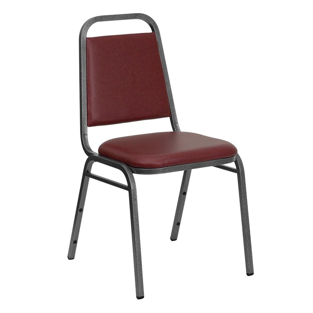 Trapezoidal Back Stacking Banquet Chair in Burgundy Vinyl - Silver Vein Frame with 1.5" Thick Seat. Picture 1