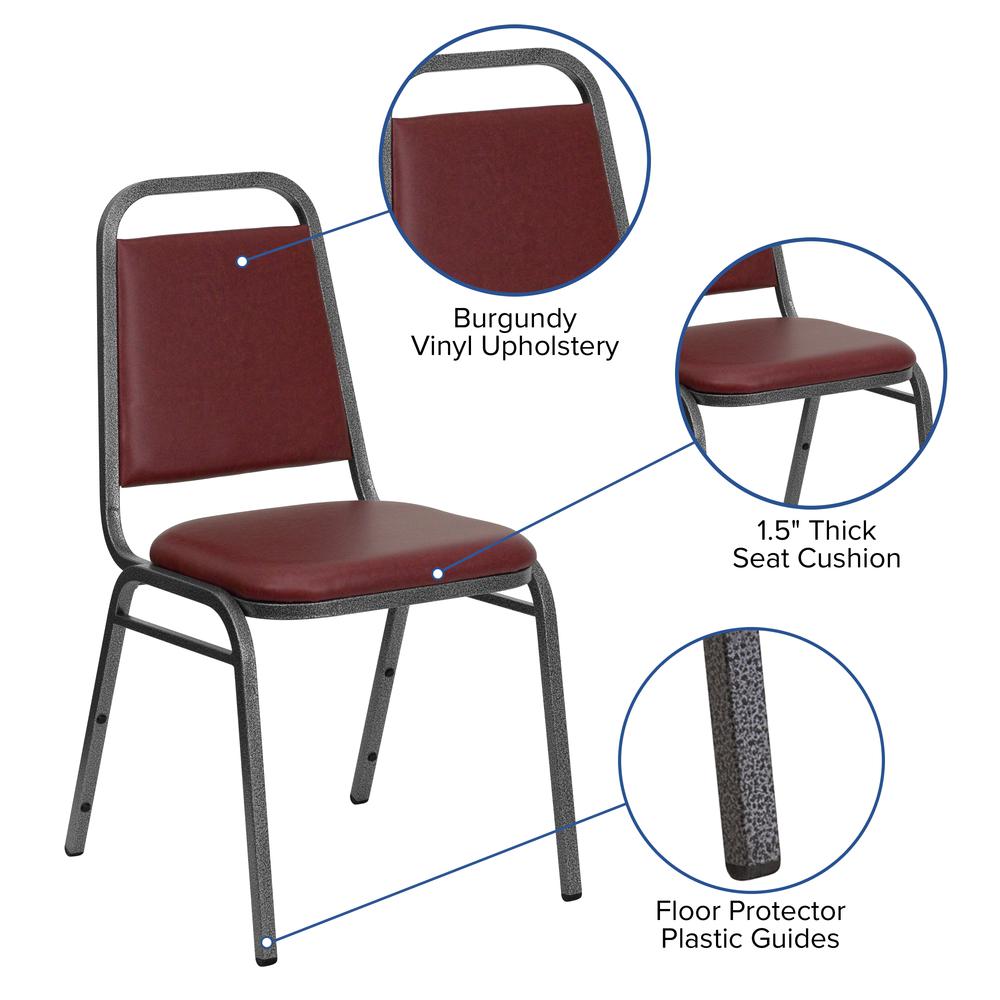 Trapezoidal Back Stacking Banquet Chair in Burgundy Vinyl - Silver Vein Frame with 1.5" Thick Seat. Picture 6