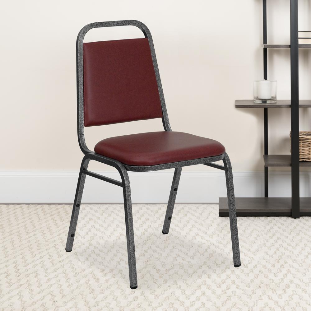 Trapezoidal Back Stacking Banquet Chair in Burgundy Vinyl - Silver Vein Frame with 1.5" Thick Seat. Picture 9
