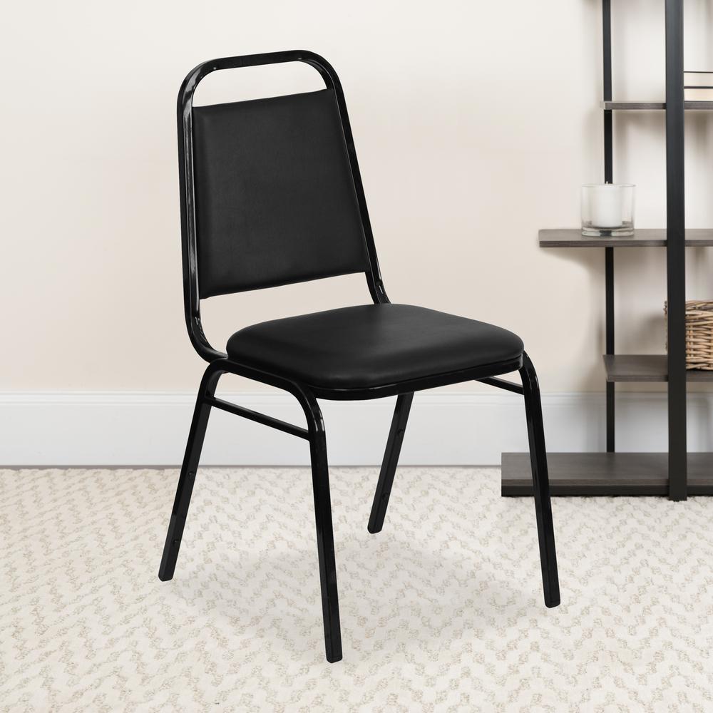 Trapezoidal Back Stacking Banquet Chair in Black Vinyl - Black Frame with 1.5" Thick Seat. Picture 9